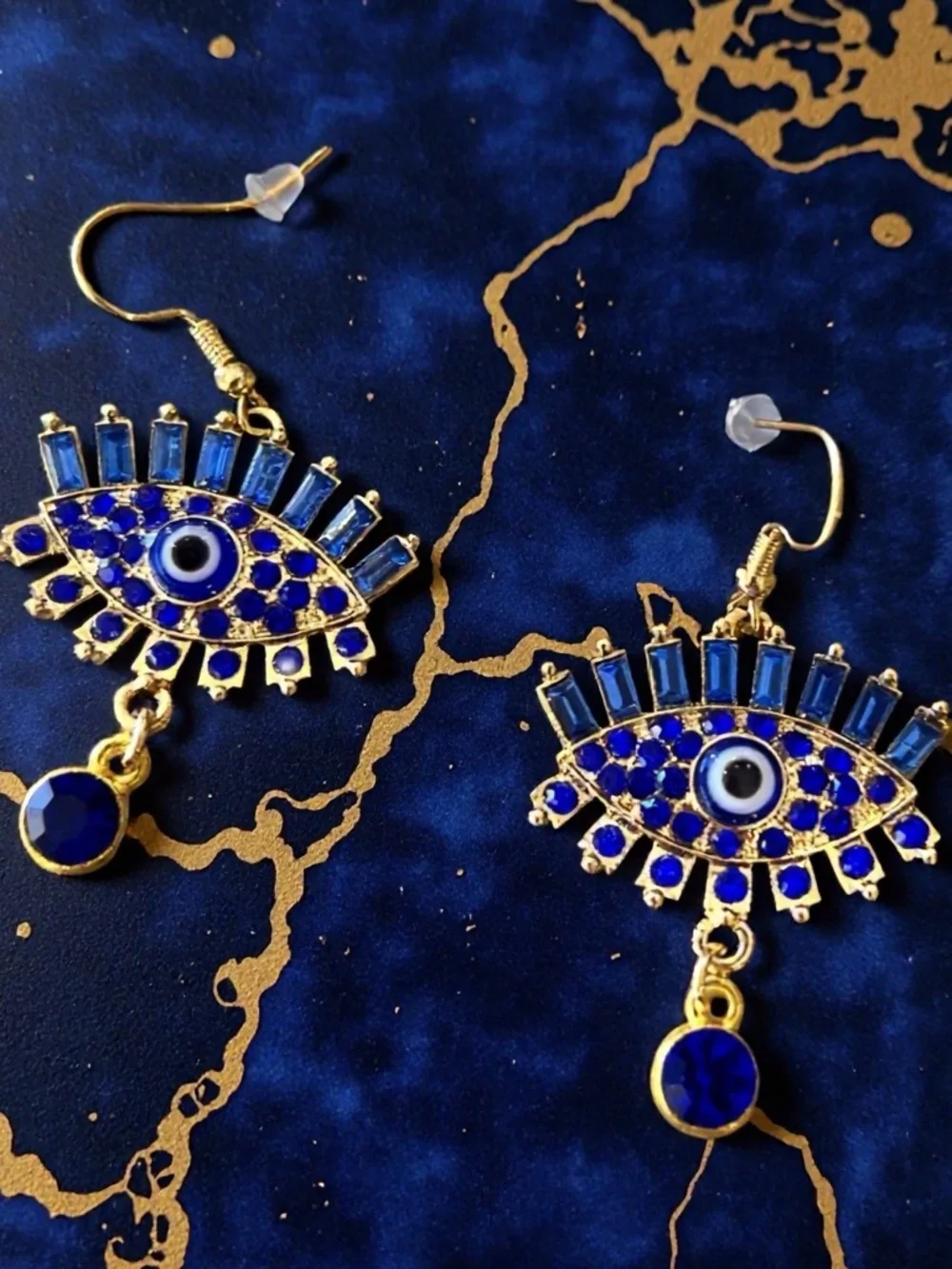 Gold-Tone Evil Eye Drop Earrings with Royal Blue Crystals - Women Jewelry